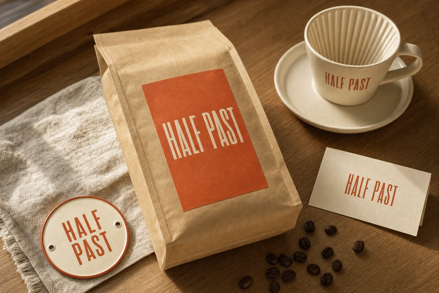 테라코타 라벨의 크라프트 원두 봉투와 크림 세라믹 컵으로 구성한 HALF PAST 스페셜티 커피 로스터리 브랜드 콘셉트