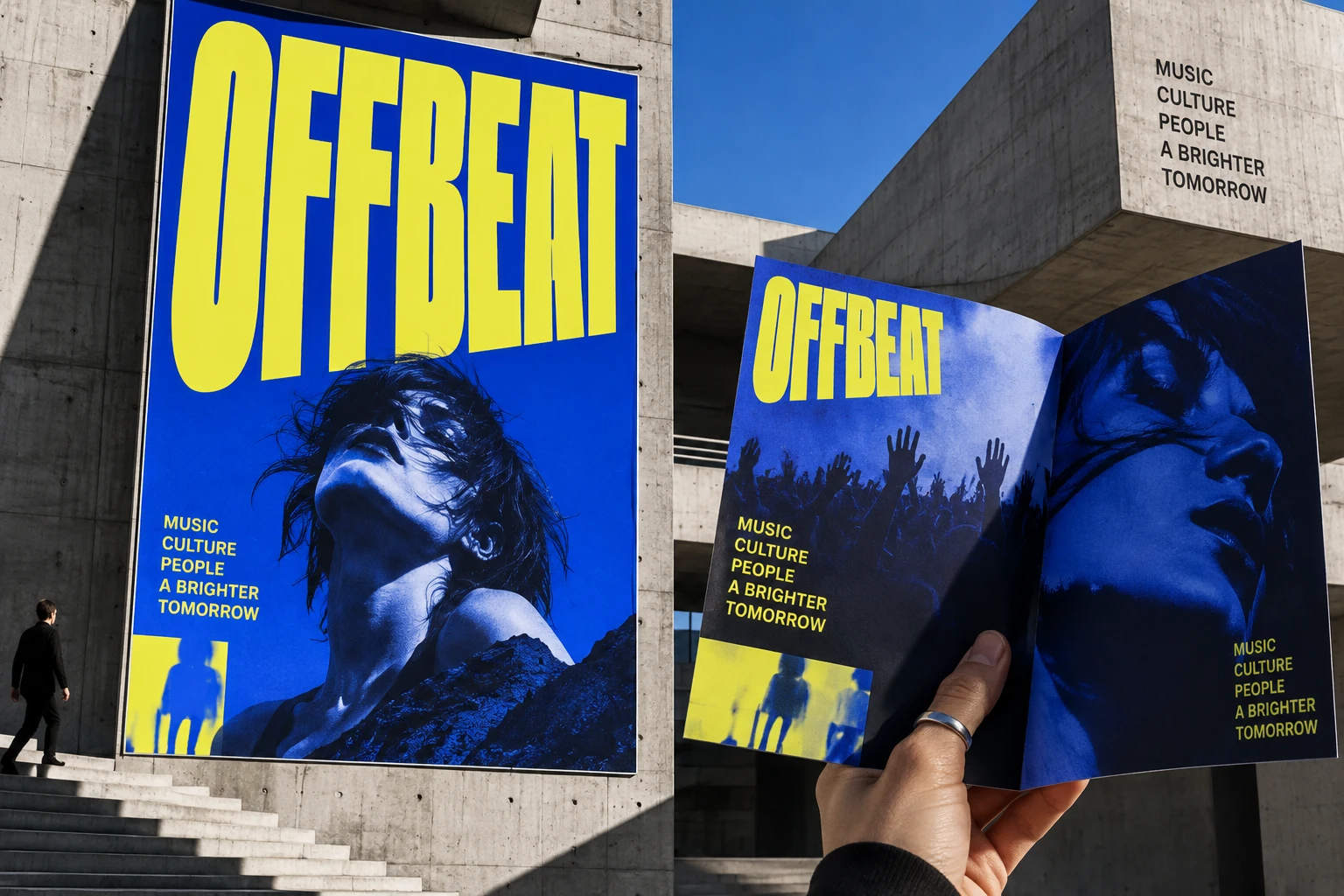 코발트 블루와 선명한 옐로 타이포그래피를 활용한 OFFBEAT 뮤직 페스티벌 브랜드 콘셉트